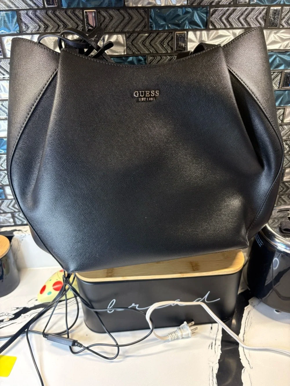 GUESS Black Structured Saffiano Tote - Picture 2 of 6